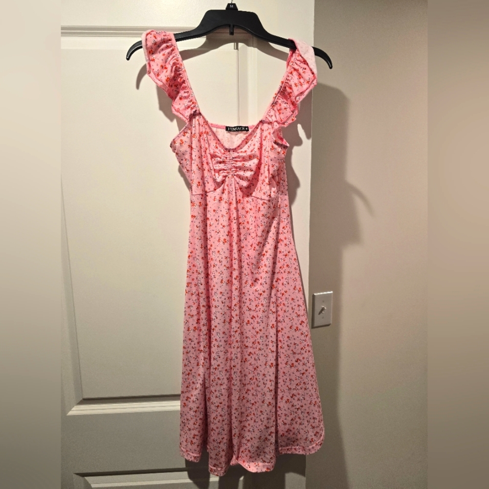 Pink Ruched Ruffled Midi Sundress